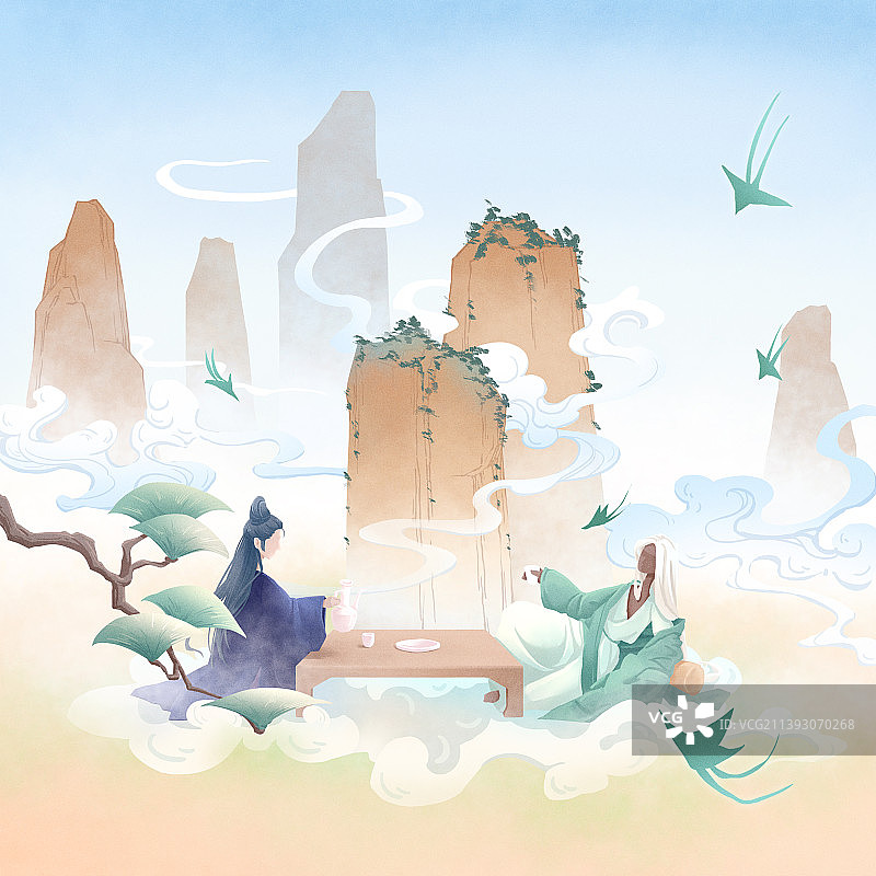 山中两隐士对饮图片素材