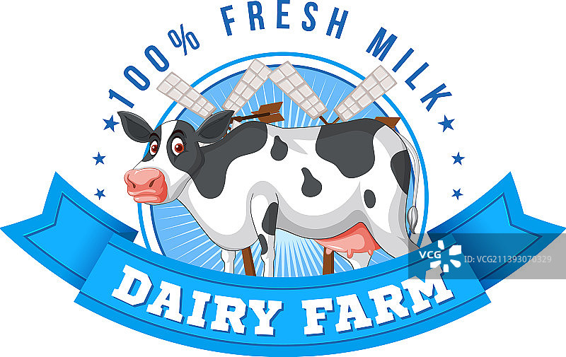 带有卡通乳牛的奶牛场标签Logo图片素材