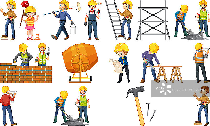 建筑工人与工具套装图片素材