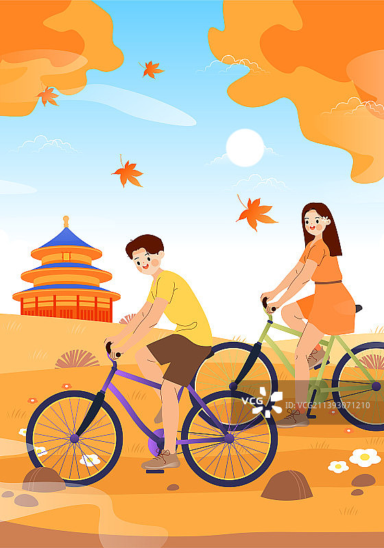 秋天在户外骑行的一对情侣图片素材