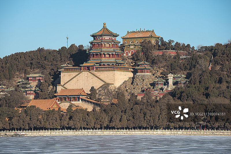 冬天晴空下的颐和园佛香阁全景图片素材
