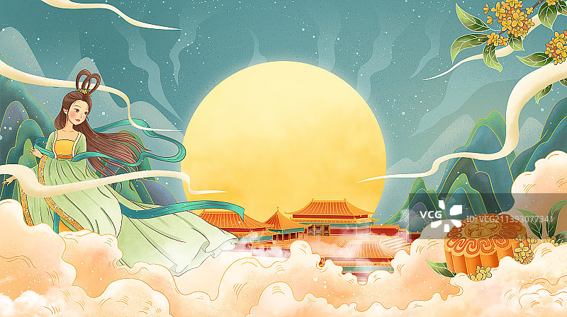 满月的夜晚，嫦娥在广寒宫前赠送月饼，桂花也开了图片素材