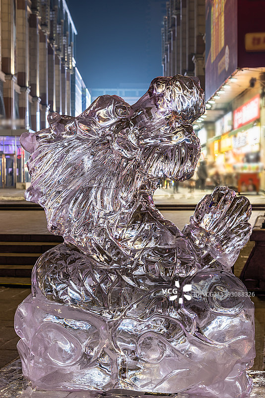 中国黑龙江哈尔滨中央大街的十二生肖冰雕图片素材