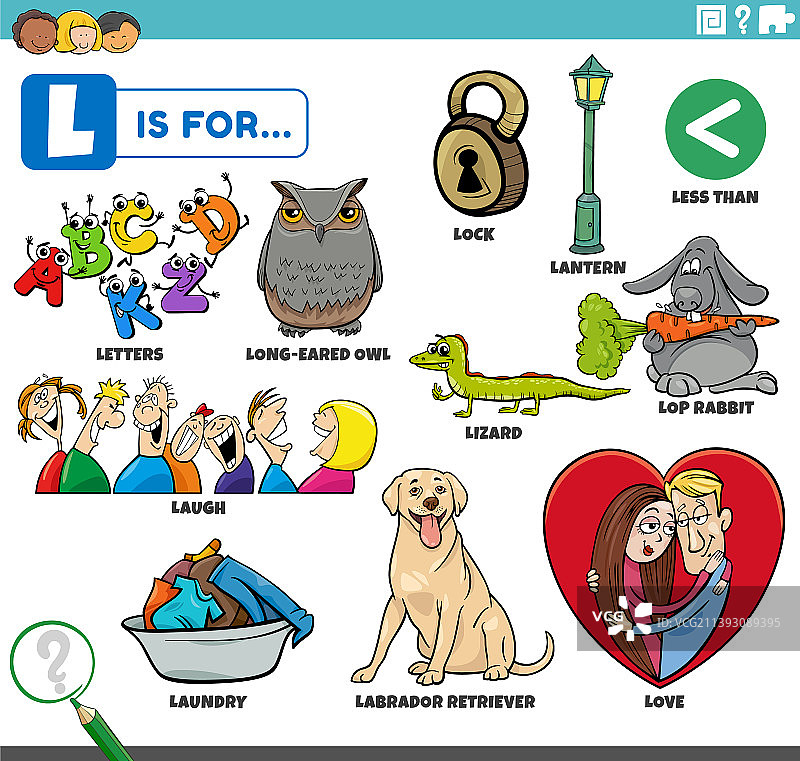 带有卡通图案的字母L教育套装图片素材