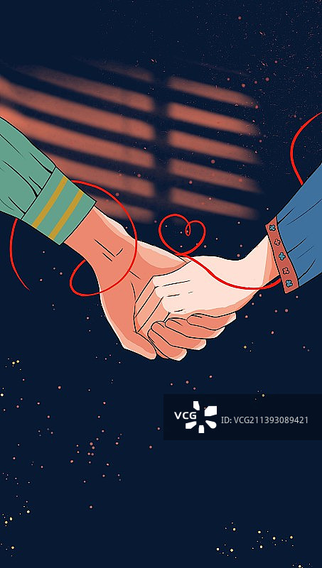 不规则的手牵手手红绳缠绕在墙上做心形图片素材