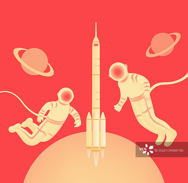 红金航天火箭发射宇航员月球视觉插画，中国航天日，航天成就庆典庆祝新年春节中秋节插画图片素材