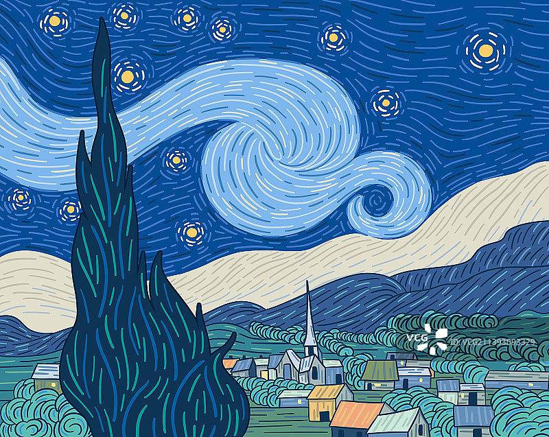 梵高星夜插画图片素材