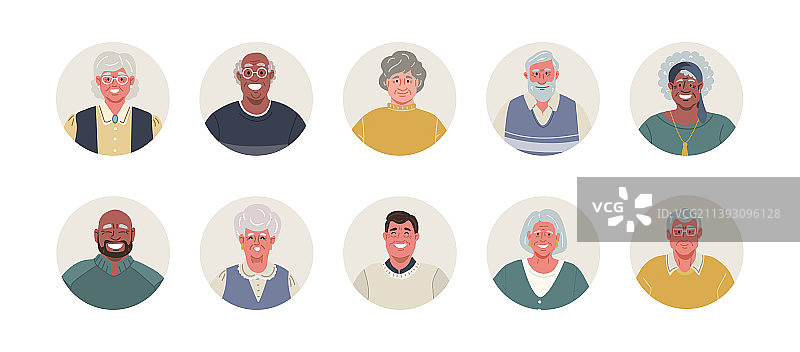 不同微笑老年人的圆形头像图片素材
