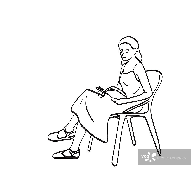 椅子上读书的女人线条艺术图片素材