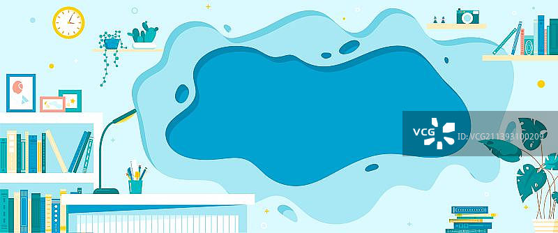 蓝色书房扁平插画背景图片素材