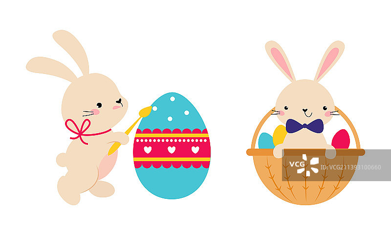 复活节兔子和彩绘蛋套装，复活节快乐图片素材