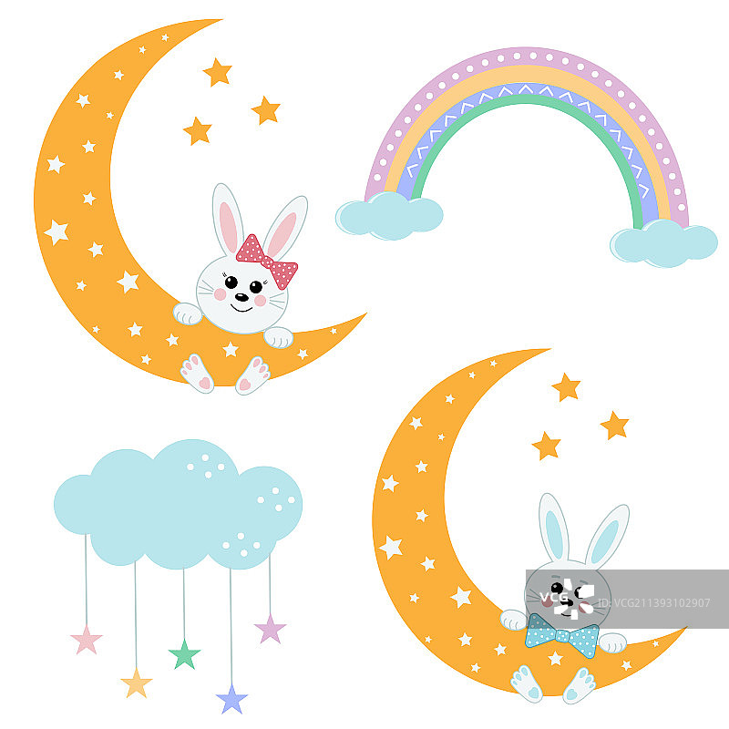 月亮上的兔子彩色图案图片素材