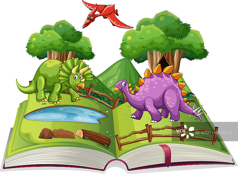 打开的书籍与各种卡通恐龙图片素材