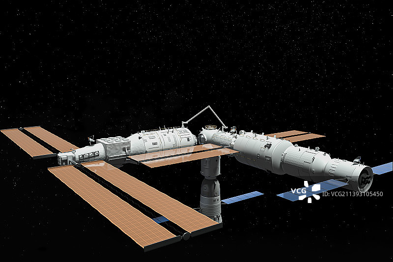 中国问天试验舱机械臂转换位置与天和核心舱对接图片素材