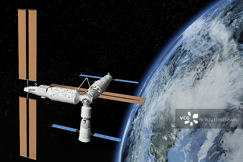 中国问天试验舱机械臂转换位置与天和核心舱对接图片素材