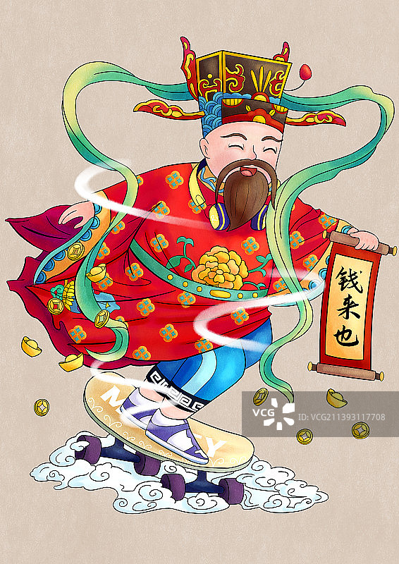 滑着滑板来送钱的财神图片素材