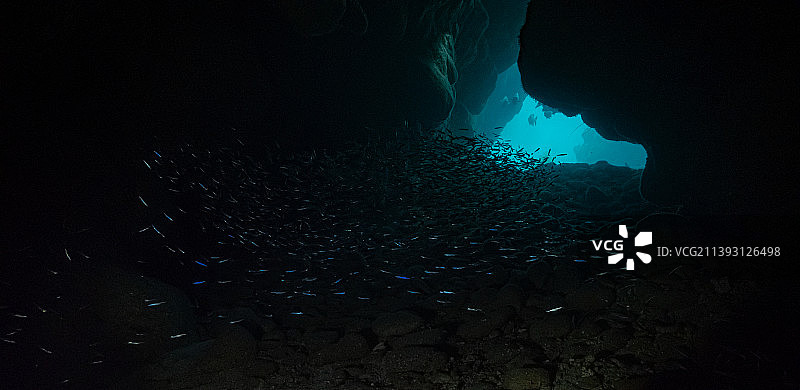 男子在洞穴中游泳图片素材
