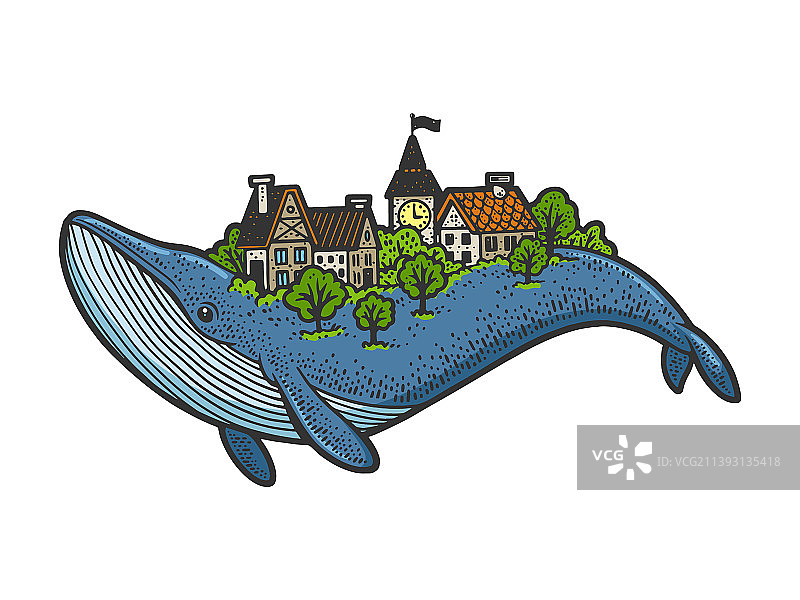 鲸鱼背上的城市彩色速写图片素材
