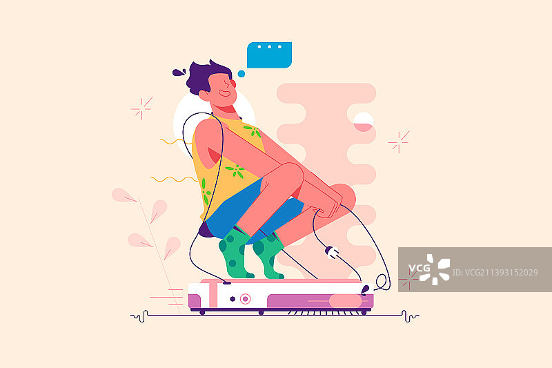 女性启动扫地机器人进行清洁图片素材