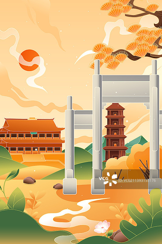 卡通中国福建福州镇海楼情侣情人节七夕朋友秋季秋天立秋古城建筑旅行风景中国风国潮矢量插画图片素材