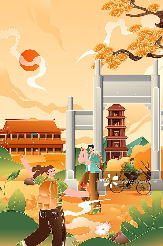 卡通中国福建福州镇海楼情侣情人节七夕朋友秋季秋天立秋古城建筑旅行风景中国风国潮矢量插画图片素材
