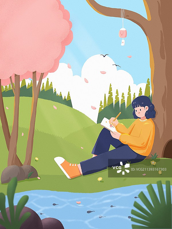 春天女孩坐在河边树下写生画画图片素材