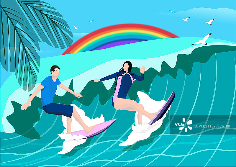 情侣冲浪见彩虹图片素材