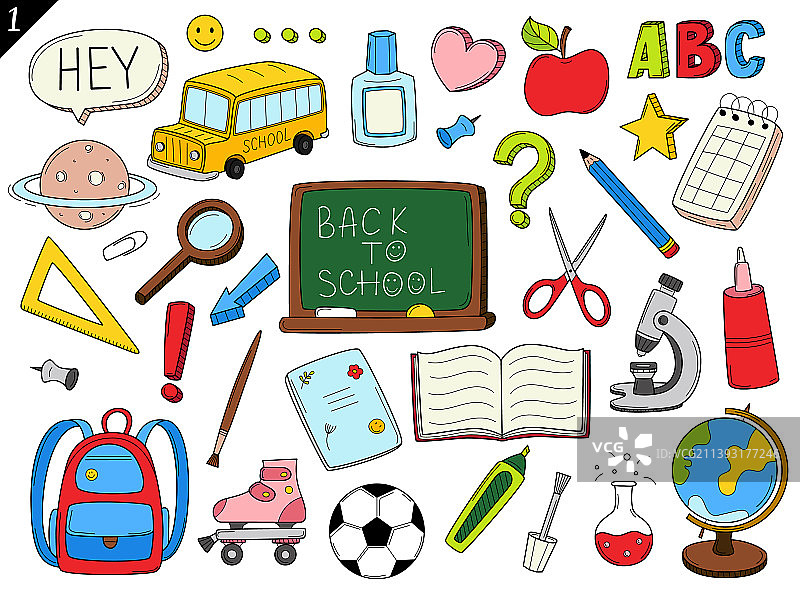 返校季学校用品涂鸦轮廓图标组合图片素材