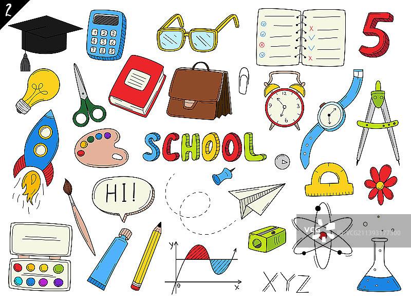 返校季学校用品涂鸦轮廓图标组合图片素材