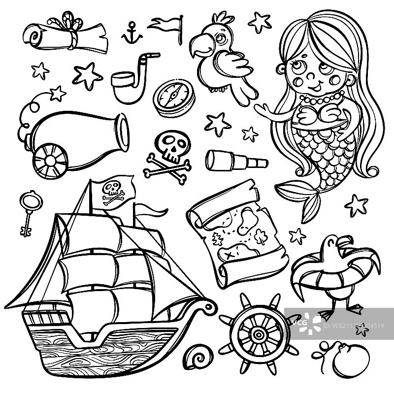 海盗船和美人鱼卡通剪贴画套装图片素材
