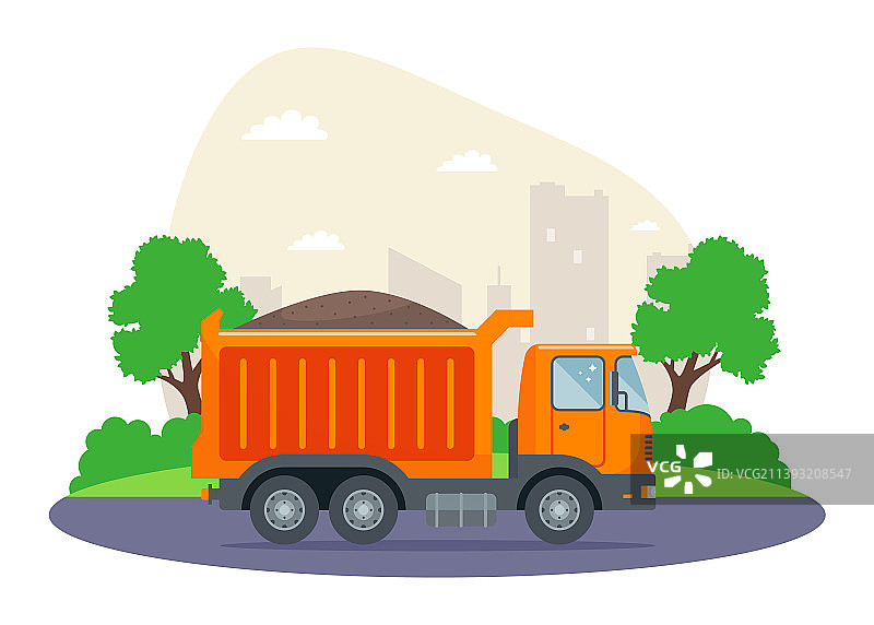 运沙到建筑工地的橙色卡车图片素材