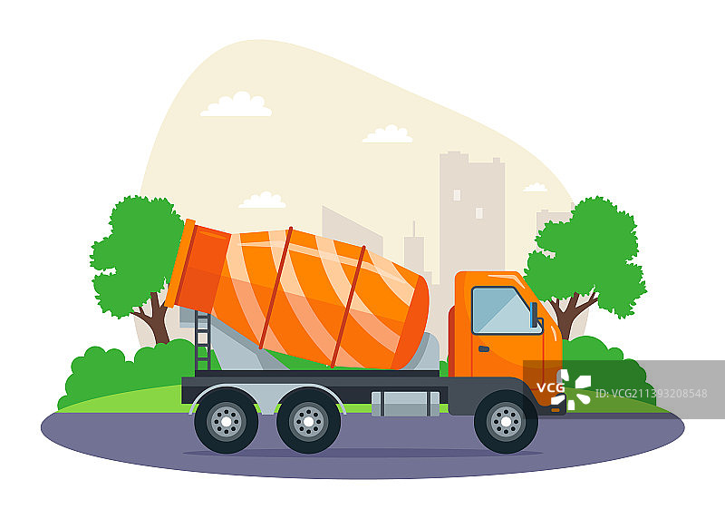 行驶在道路上的橙色混凝土搅拌机图片素材