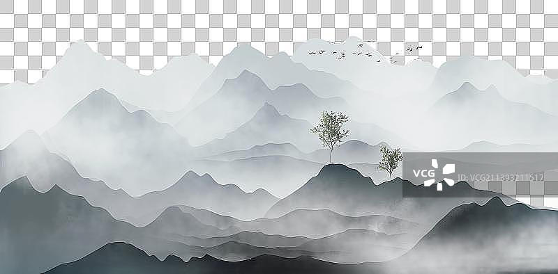 中国风蓝色意境山水插画图片素材