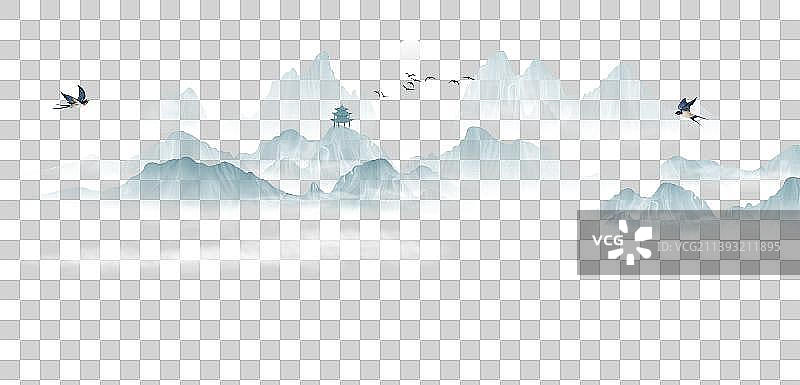 中国风蓝色意境山水插画图片素材