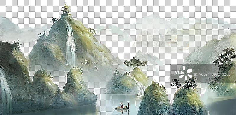 春意盎然大气意境绿色山水画图片素材