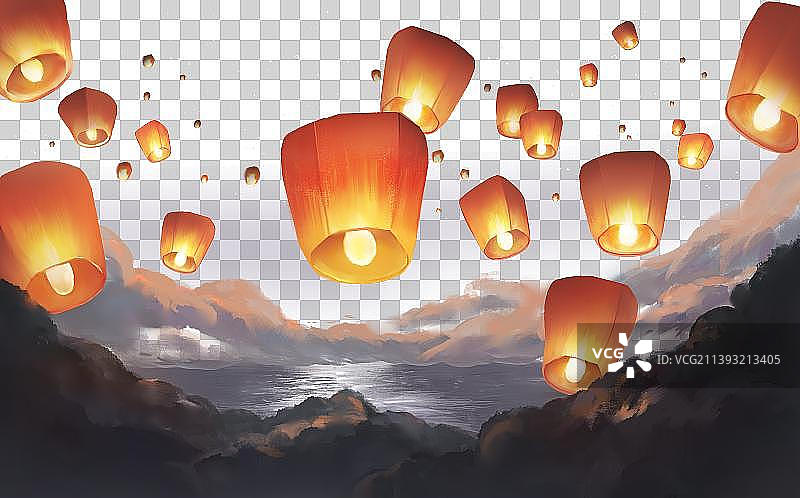 中国风飘在空中的孔明灯图片素材