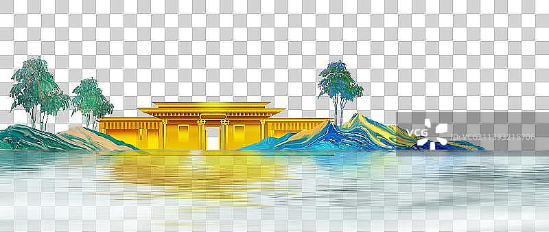 手绘中式质感意境山水地产大宅背景插画图片素材