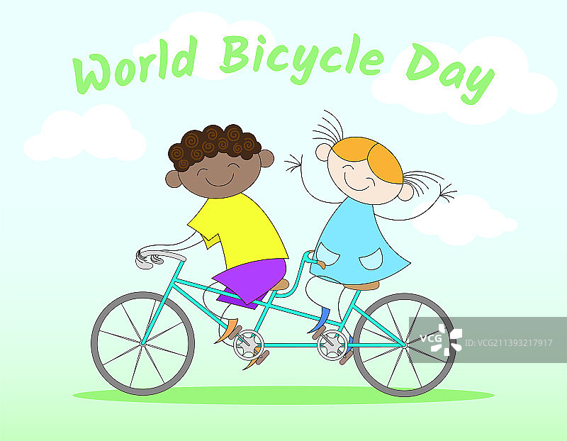 快乐的孩子们骑着双人自行车图片素材