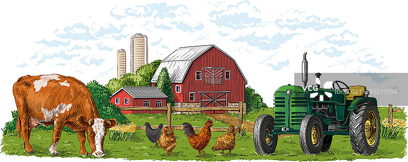 农场手绘素描雕刻图片素材