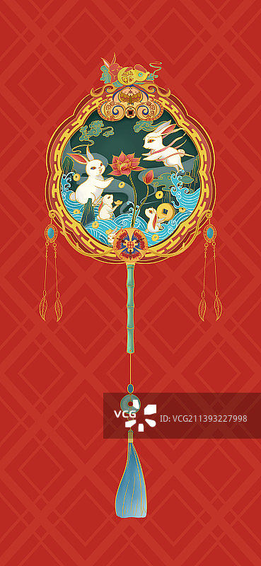 祥瑞仙兔国风喜庆团扇插画图片素材