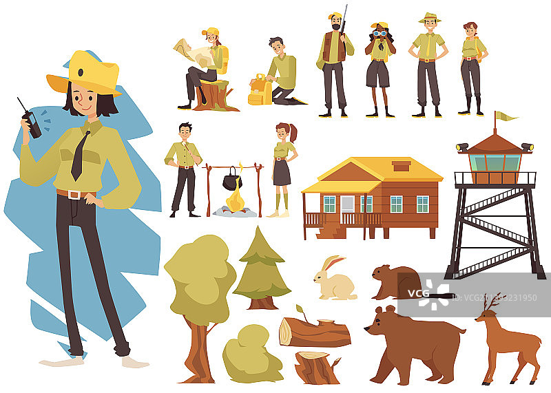 公园管理员与森林动物扁平化设计图片素材