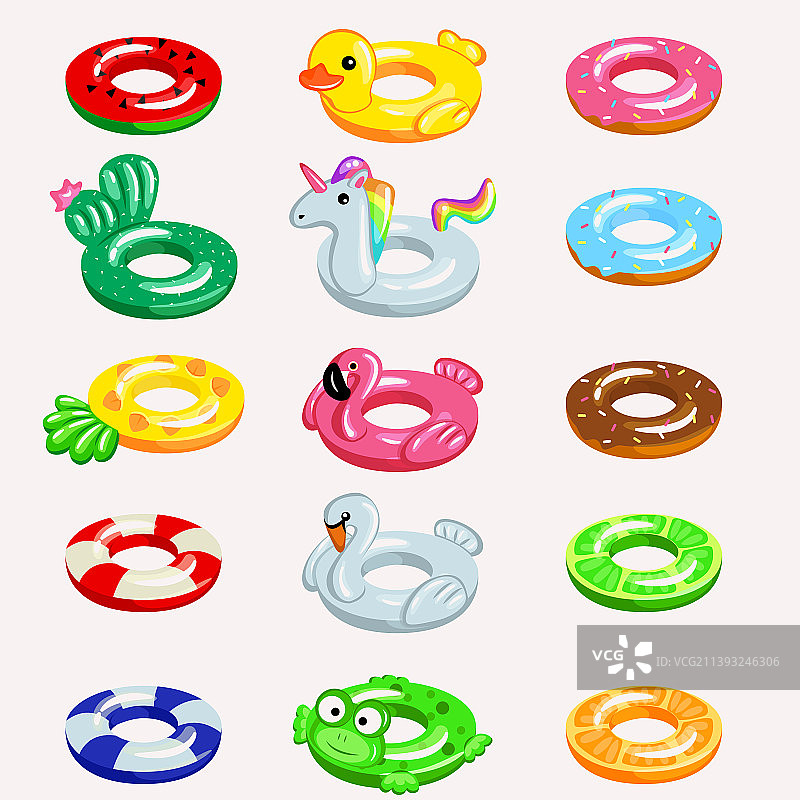 亮色充气游泳圈套装图片素材