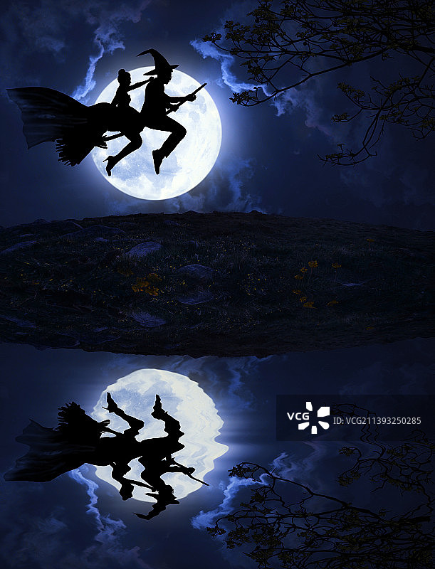 万圣节,满月,两个人骑扫把飞,创意设计图片素材