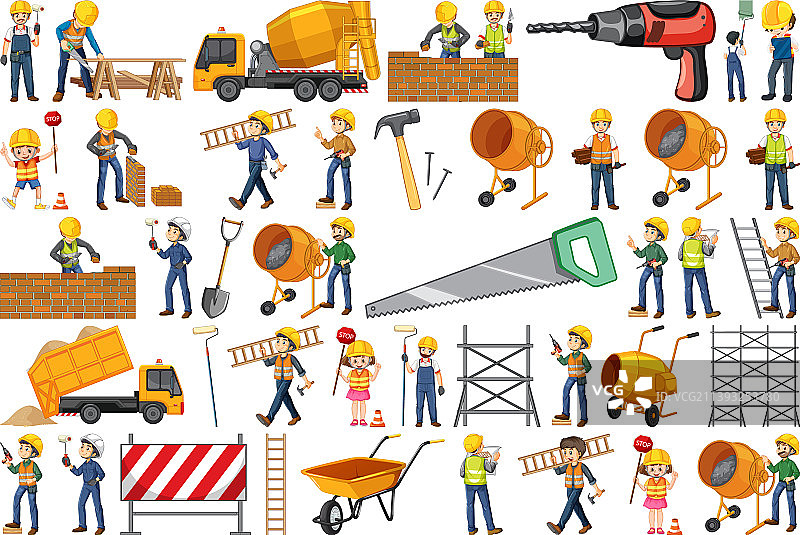 建筑工人与工具套装图片素材