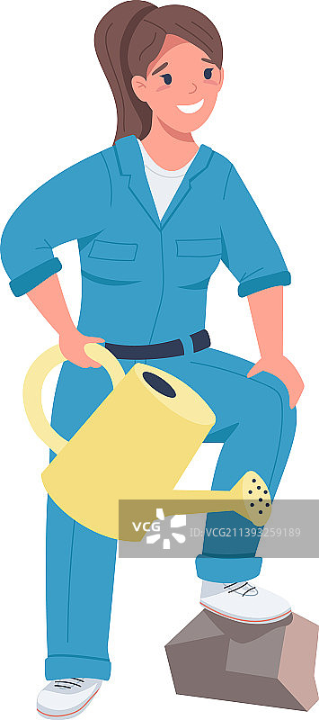 拿着喷壶的笑容灿烂的女士，半扁平风格图片素材