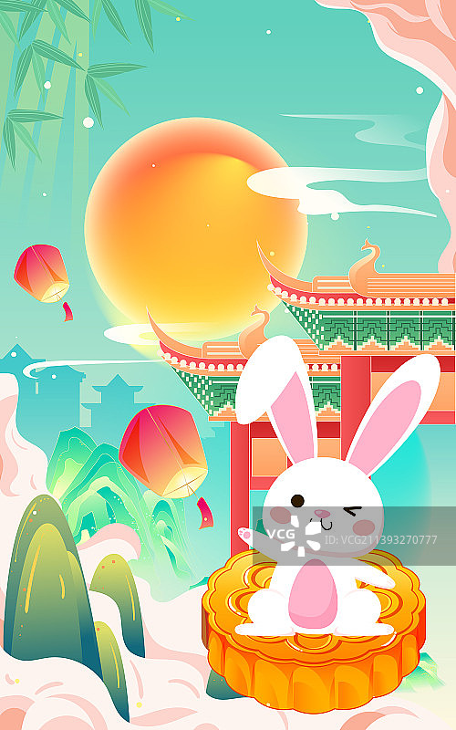 中秋节玉兔赏月吃月饼兔子望月传统节日插画图片素材