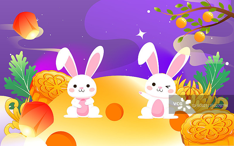 中秋节玉兔赏月吃月饼兔子望月传统节日插画图片素材