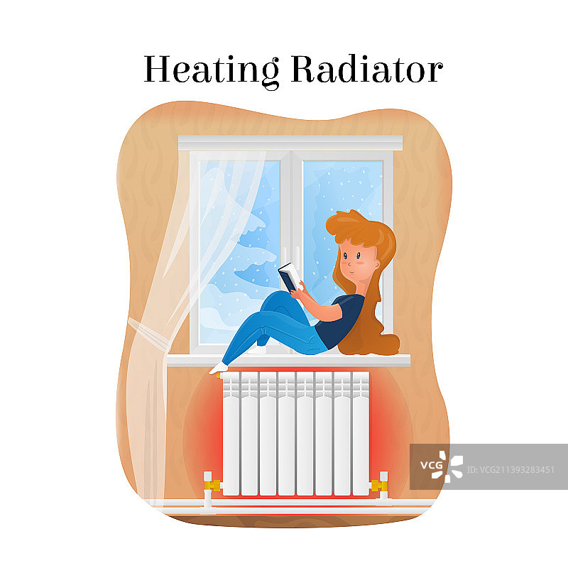 冬季暖气片旁的窗边女子图片素材