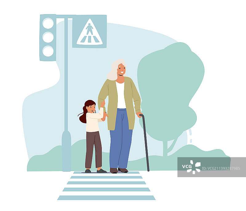 儿童搀扶老人过马路图片素材