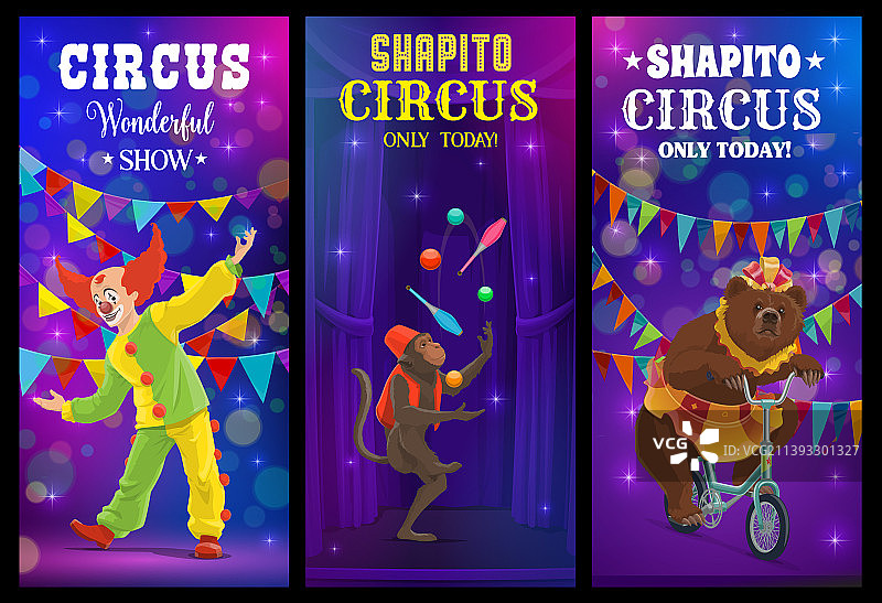 夏皮托马戏团卡通小丑和动物banner图片素材